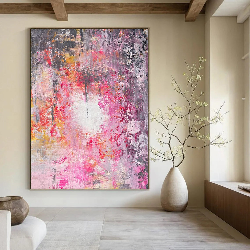 Pink - Gray Abstract Painting with Vibrant Splashes ADGE470