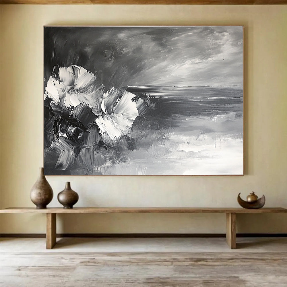 Black and White Flower and Sea Abstract Painting with Impasto Technique DYP177