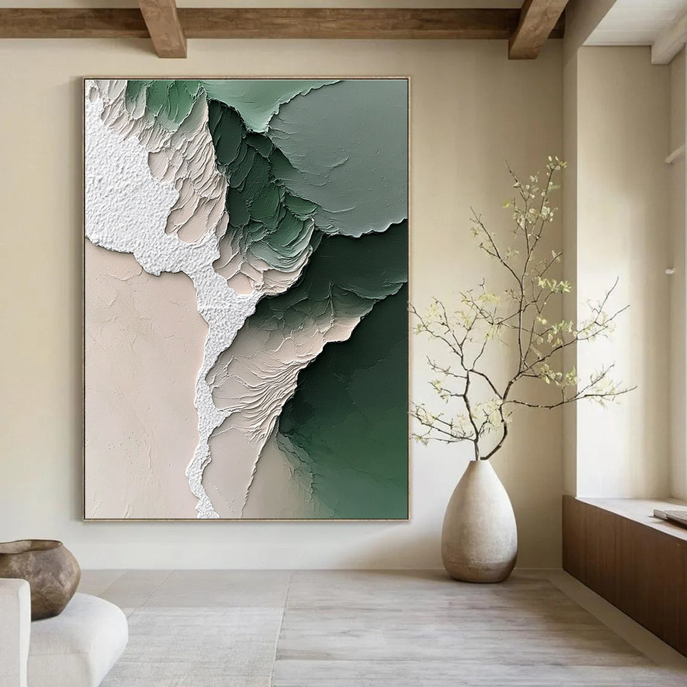 Large Abstract Painting Featuring a White Beach and Green Water with Impressionistic Brushstrokes and Dreamy Colors Capturing Nature's Beauty.STSC1246