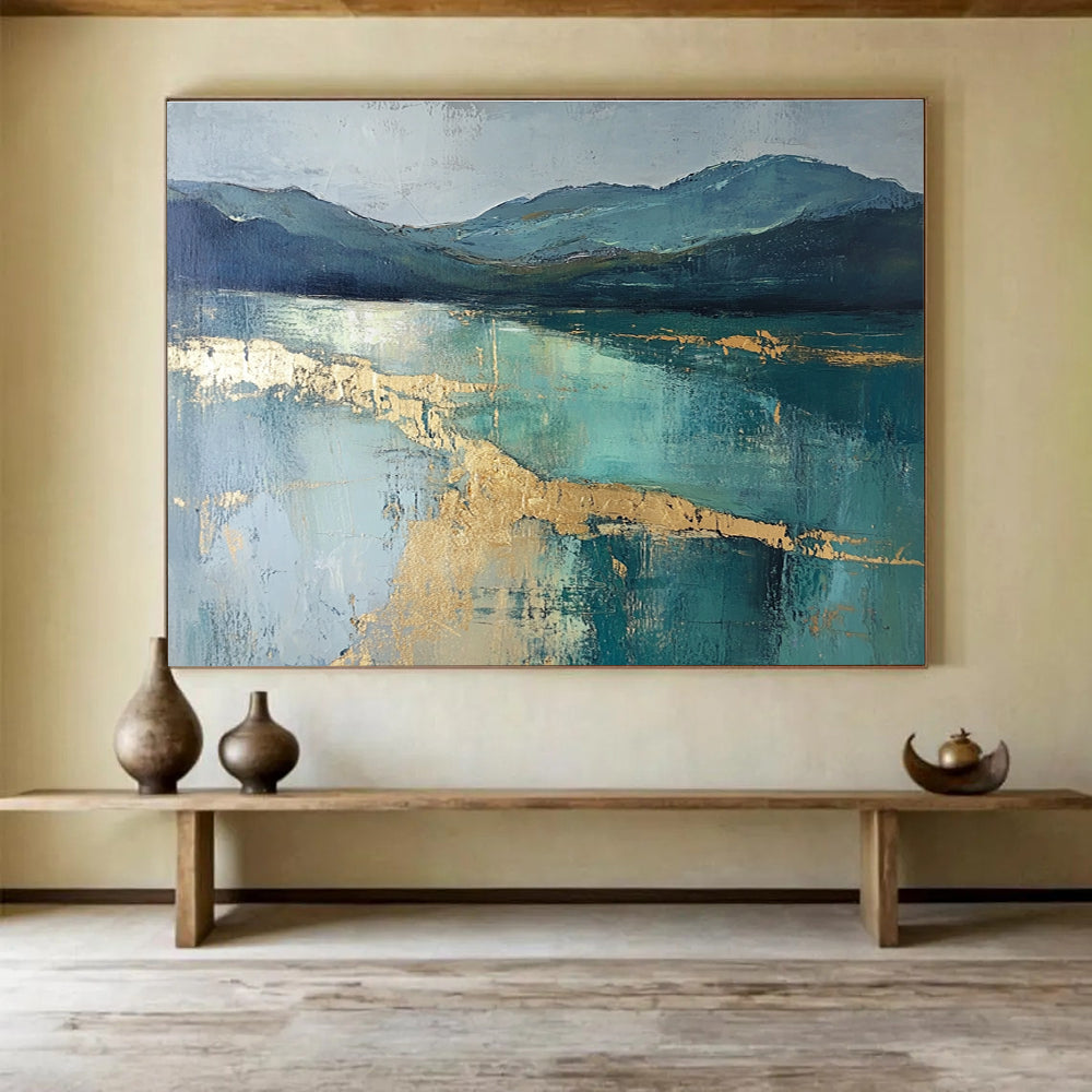 Blue Mountain Lake Gold Abstract Painting with Metallic Highlights DYP266