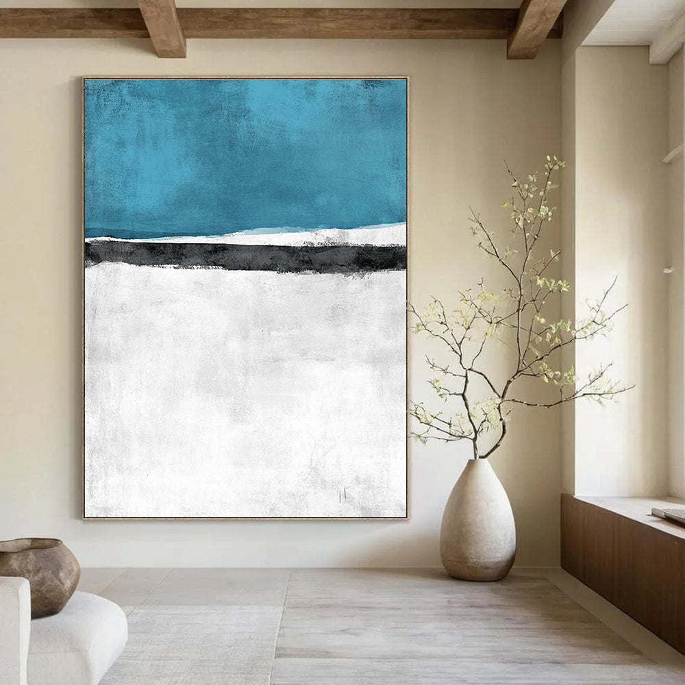 Large Abstract Landscape Painting Featuring a Snowy Field with Sea and Sky in an Elegant Minimalist Watercolor Style.STSC523