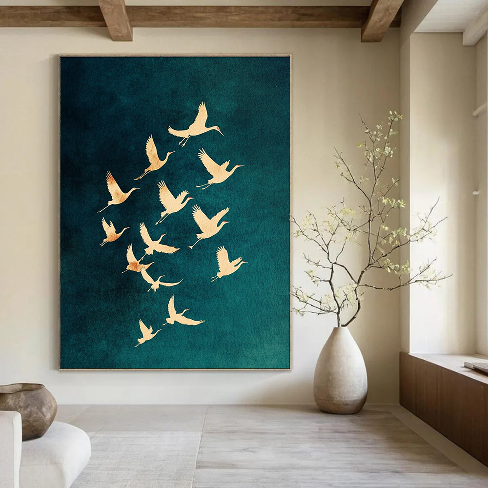 Large abstract painting featuring golden crane silhouettes on a dark blue-green background evoking mystery tranquility and freedom in nature.STSC1305