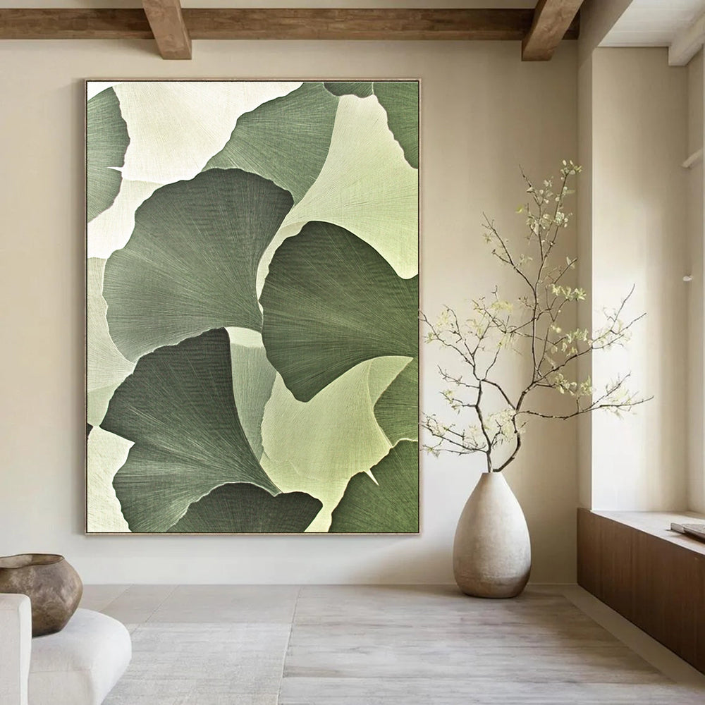 Large abstract painting featuring ginkgo leaves in strong geometric elements with silk-like texture and high-definition detail on a light green and white background.STSC942
