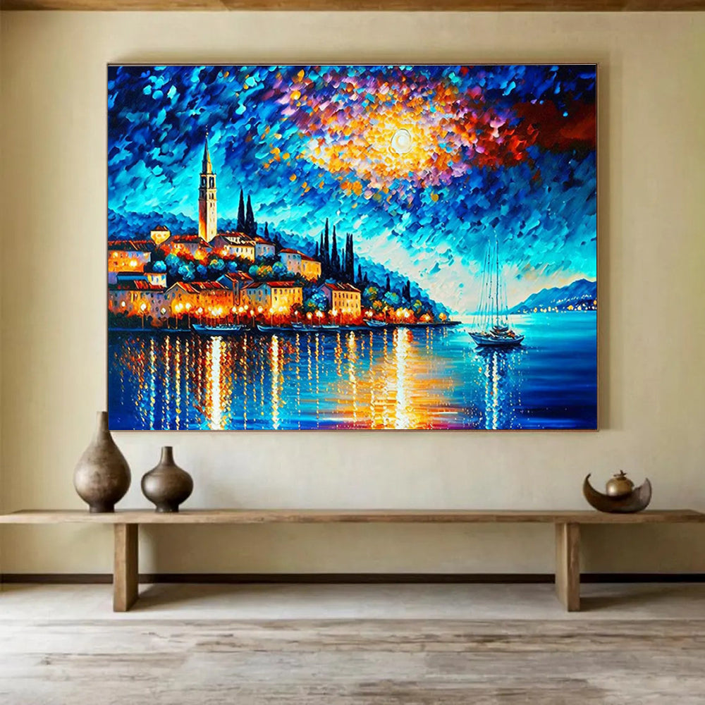 Moonlit Harbor Abstract Painting with Deep Blues and Warm Glows THY300