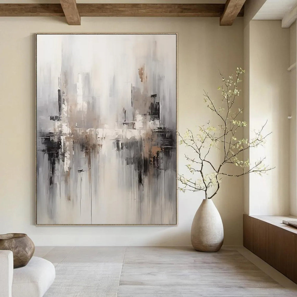 Monochromatic Cityscape Abstract Painting with Gray and Beige ADGE122