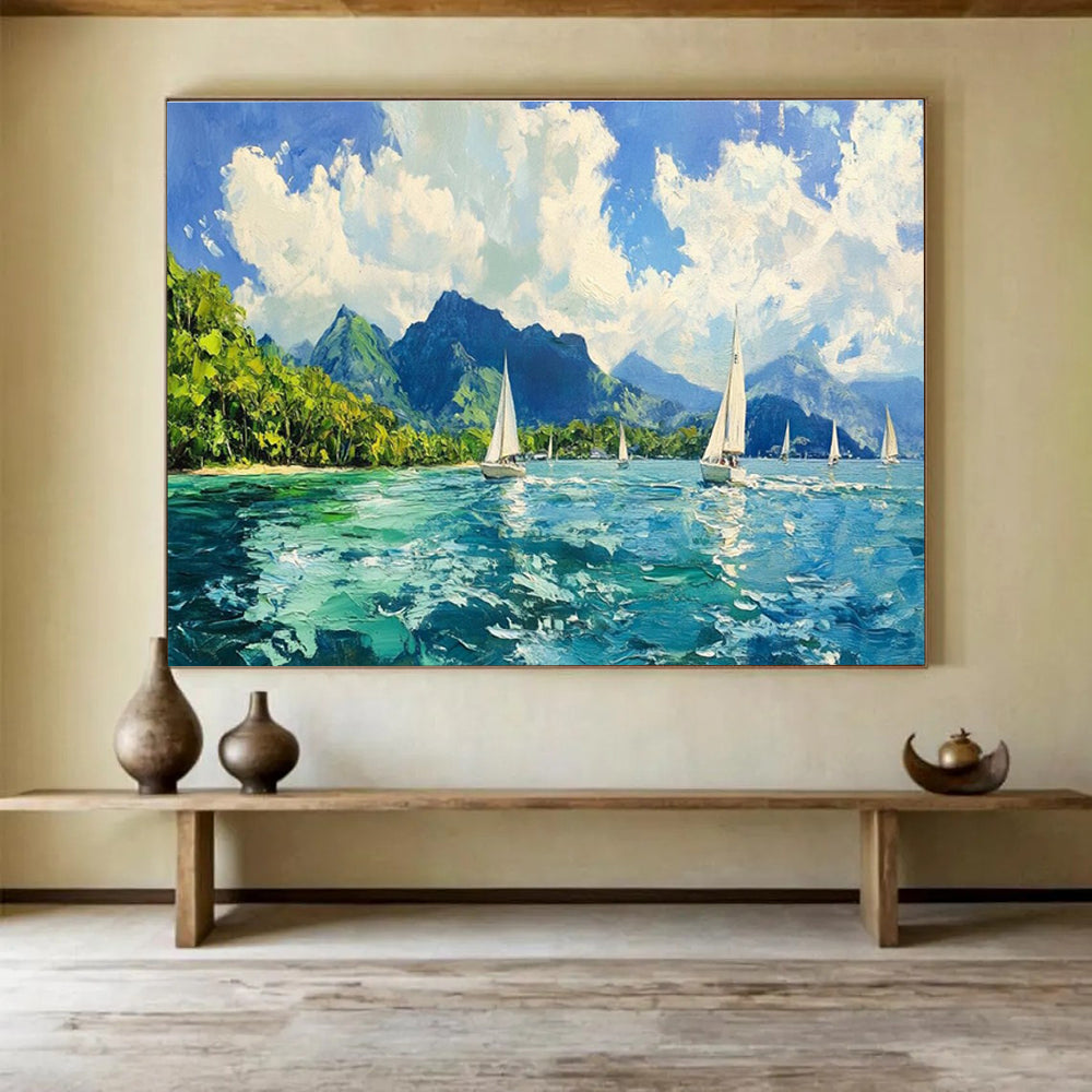 Sailing Bay Abstract Painting with Bright, Coastal Energy THY413