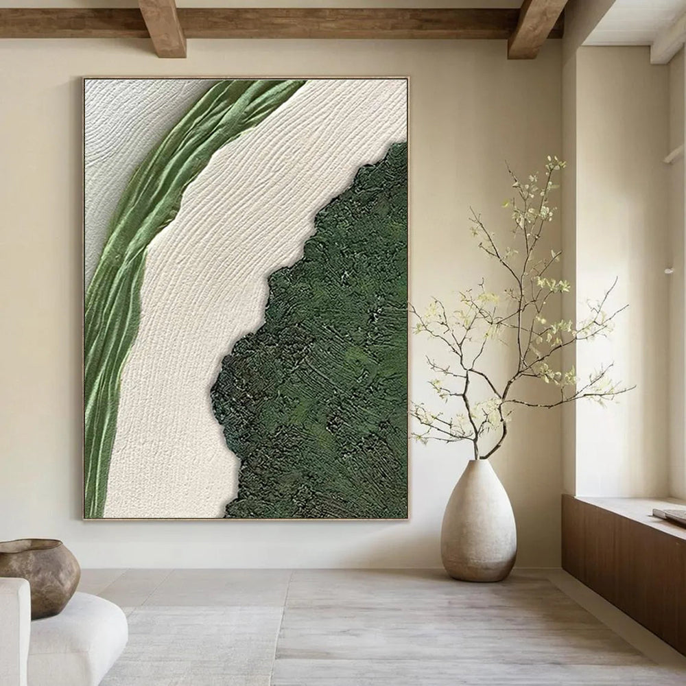 Green and White Textured Abstract Painting with Natural Shapes ADGE316
