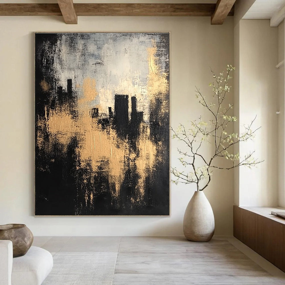 Large abstract painting featuring a black and gray background with golden highlights and silhouettes of buildings in an atmospheric, vintage style.STSC213