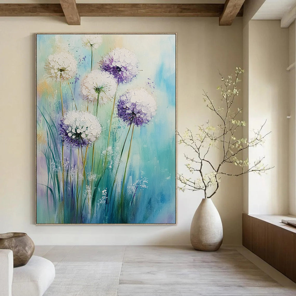 Large abstract painting of white alliums with purple accents on an aquamarine lavender background featuring soft brushstrokes and a dreamy Impressionist atmosphere.STSC1148