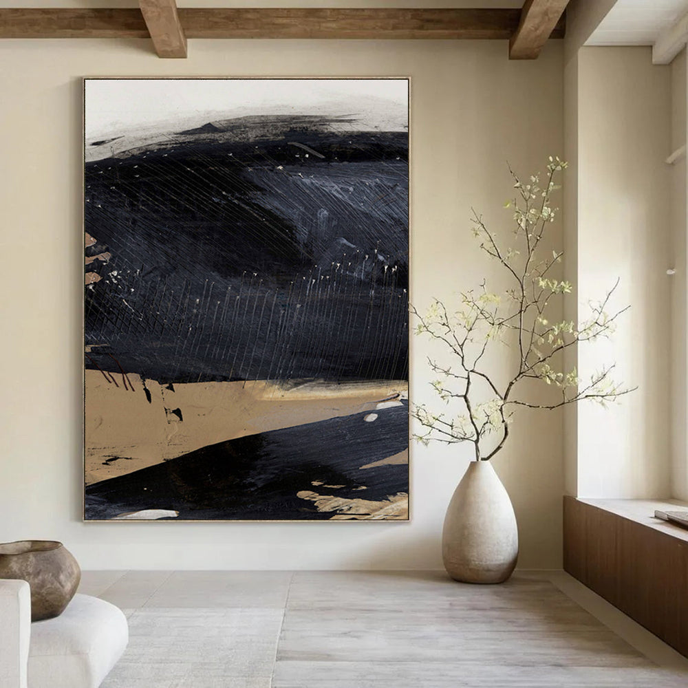 Dark Abstract with Linear Details and Earthy Tones Painting ADGE203