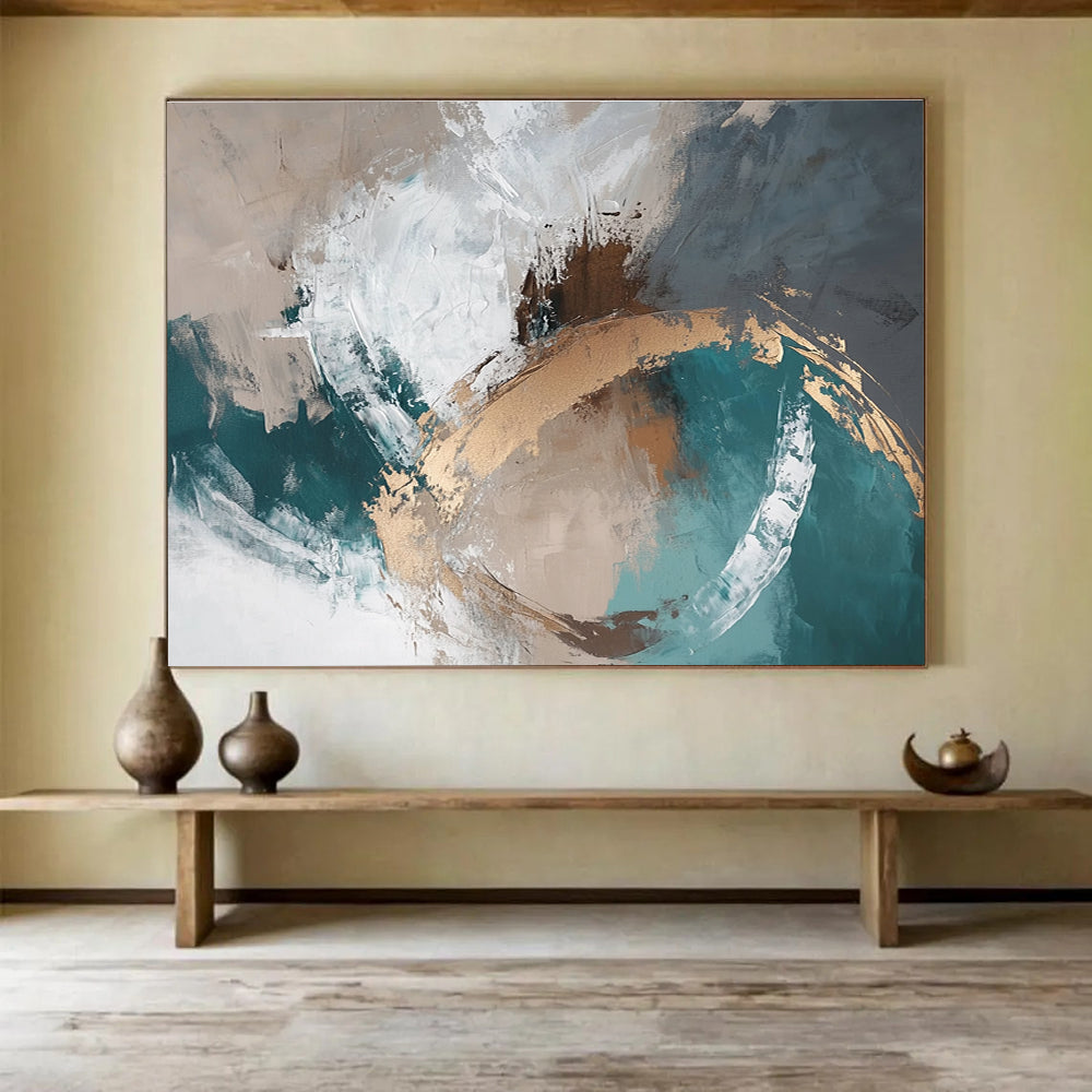 Teal and Gold Abstract Painting with Swirling Textures DYP402