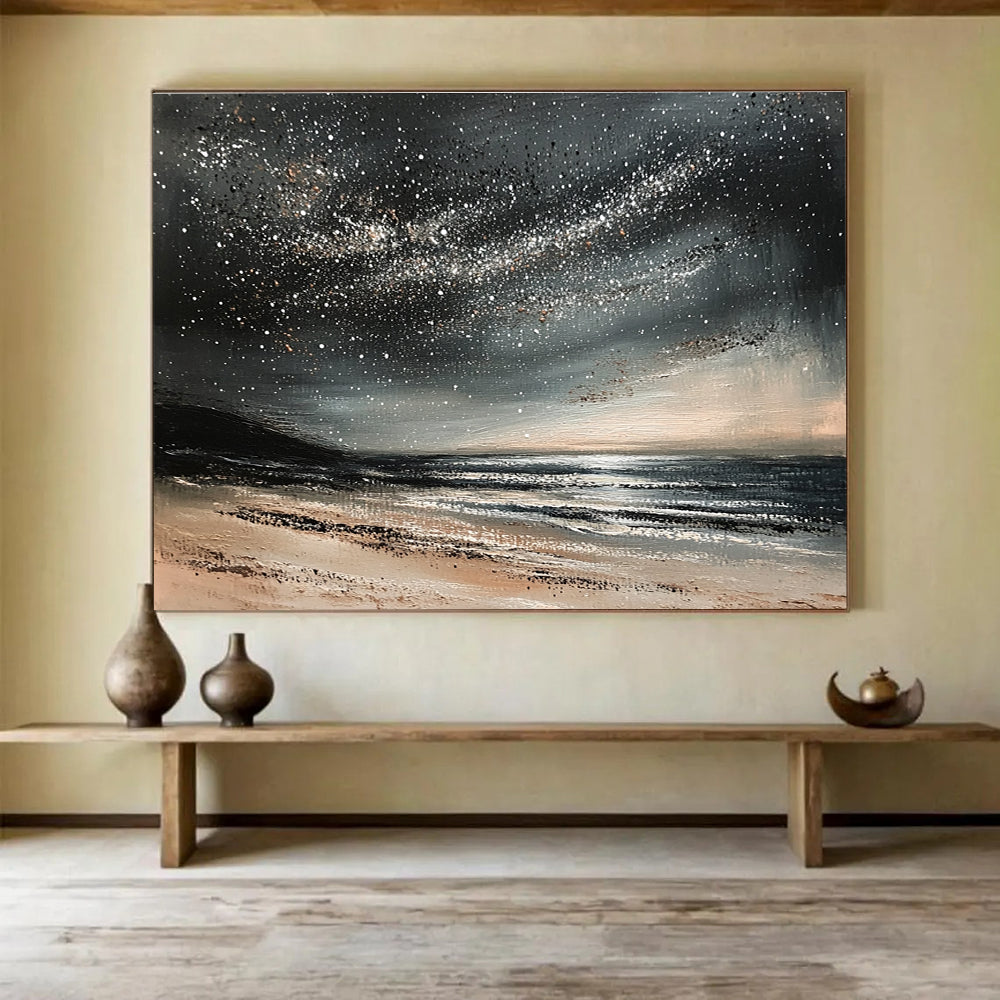 A large abstract painting depicting a calm ocean under a starry night sky with gentle waves and muted gray and black tones.SC528