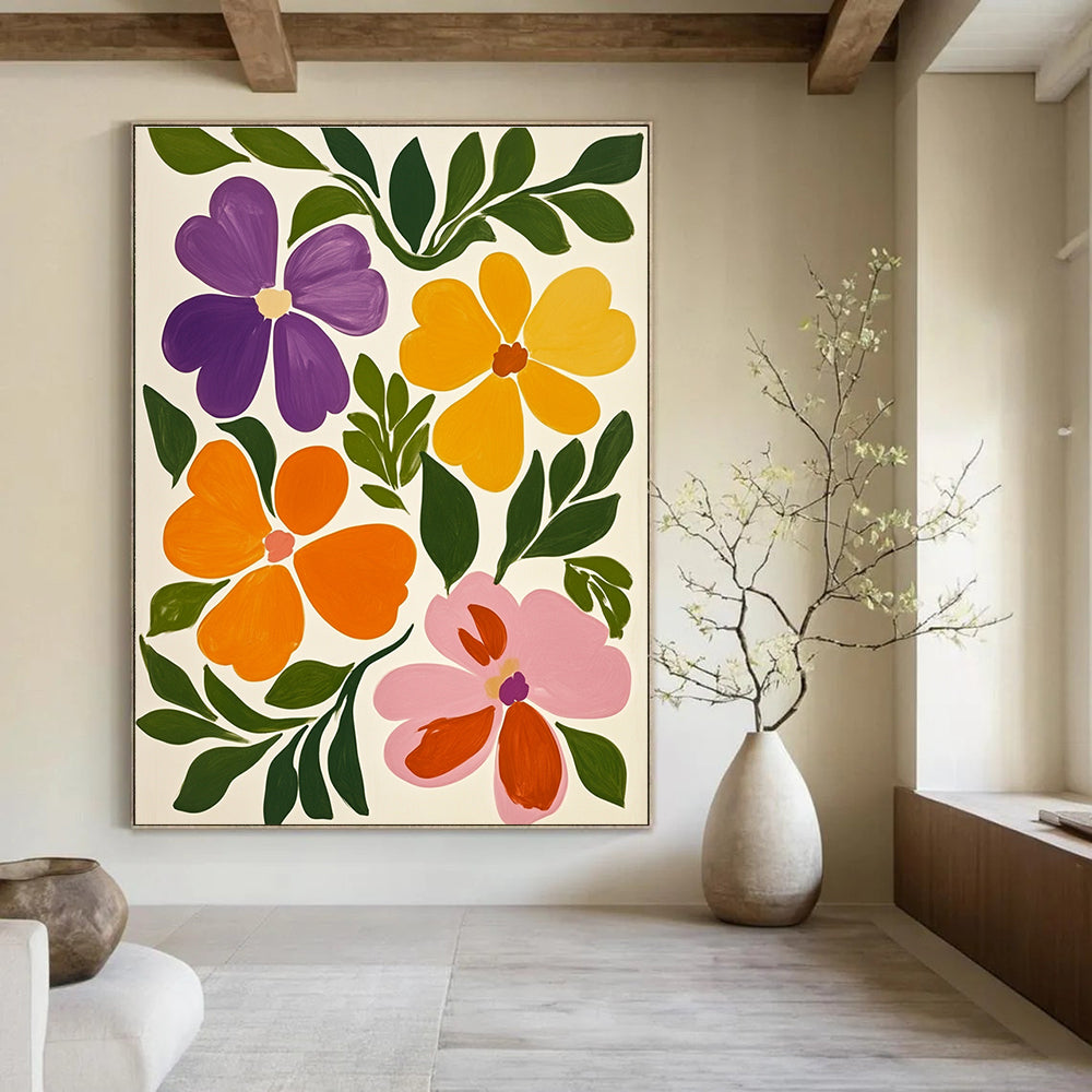 Large abstract painting featuring vibrant flowers with violet and green leaves against a white background in the style of Maira Kalman.STSC1317
