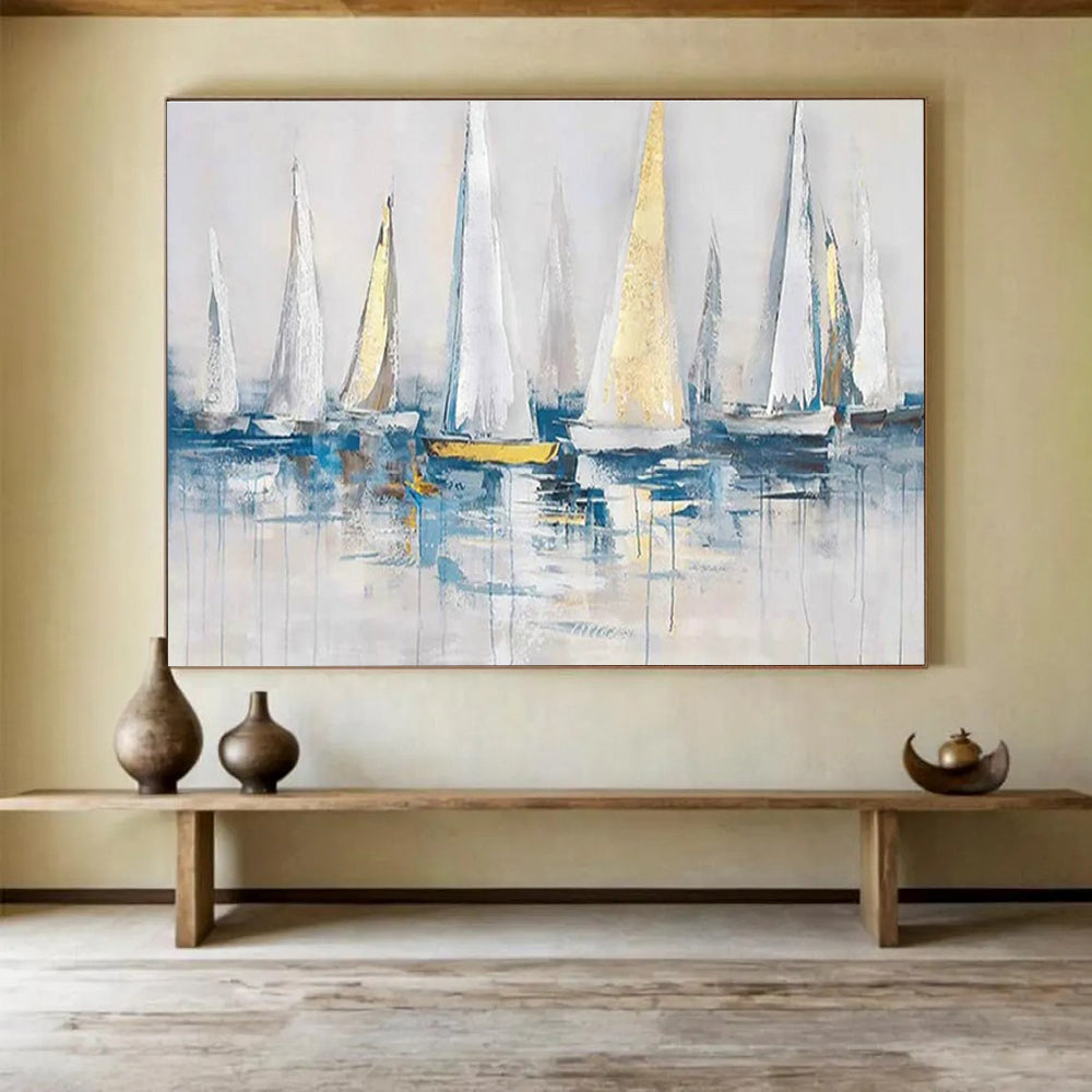 Sailboats on Water Abstract Painting with White, Gold, and Blue THY259