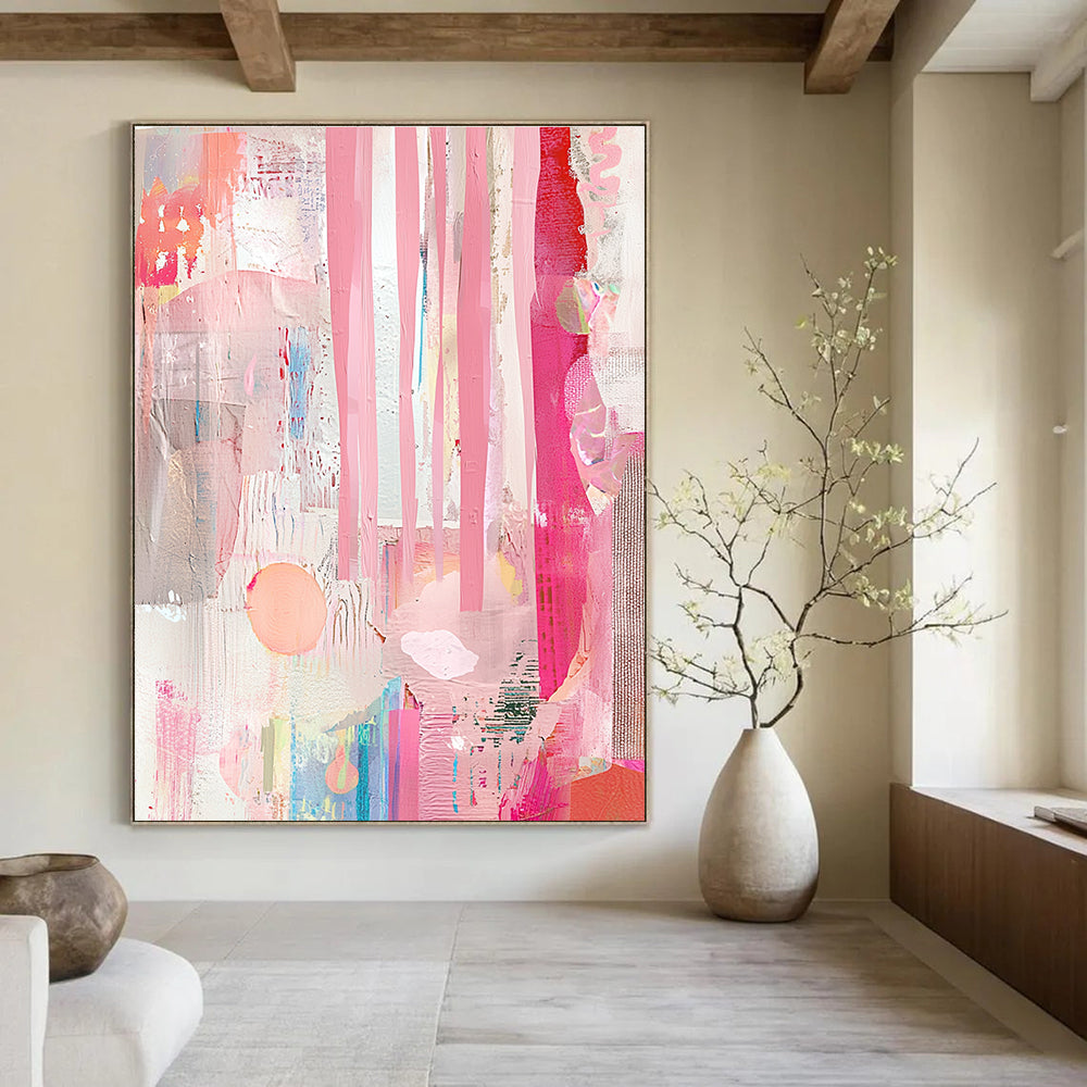 A large abstract collage featuring pink curtains and a window, adorned with soft pastel colors and minimalistic interior design details.STSC1232