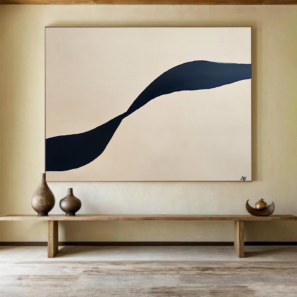 Large abstract painting featuring a single black curved line on a cream background for minimalist aesthetic appeal.SC587