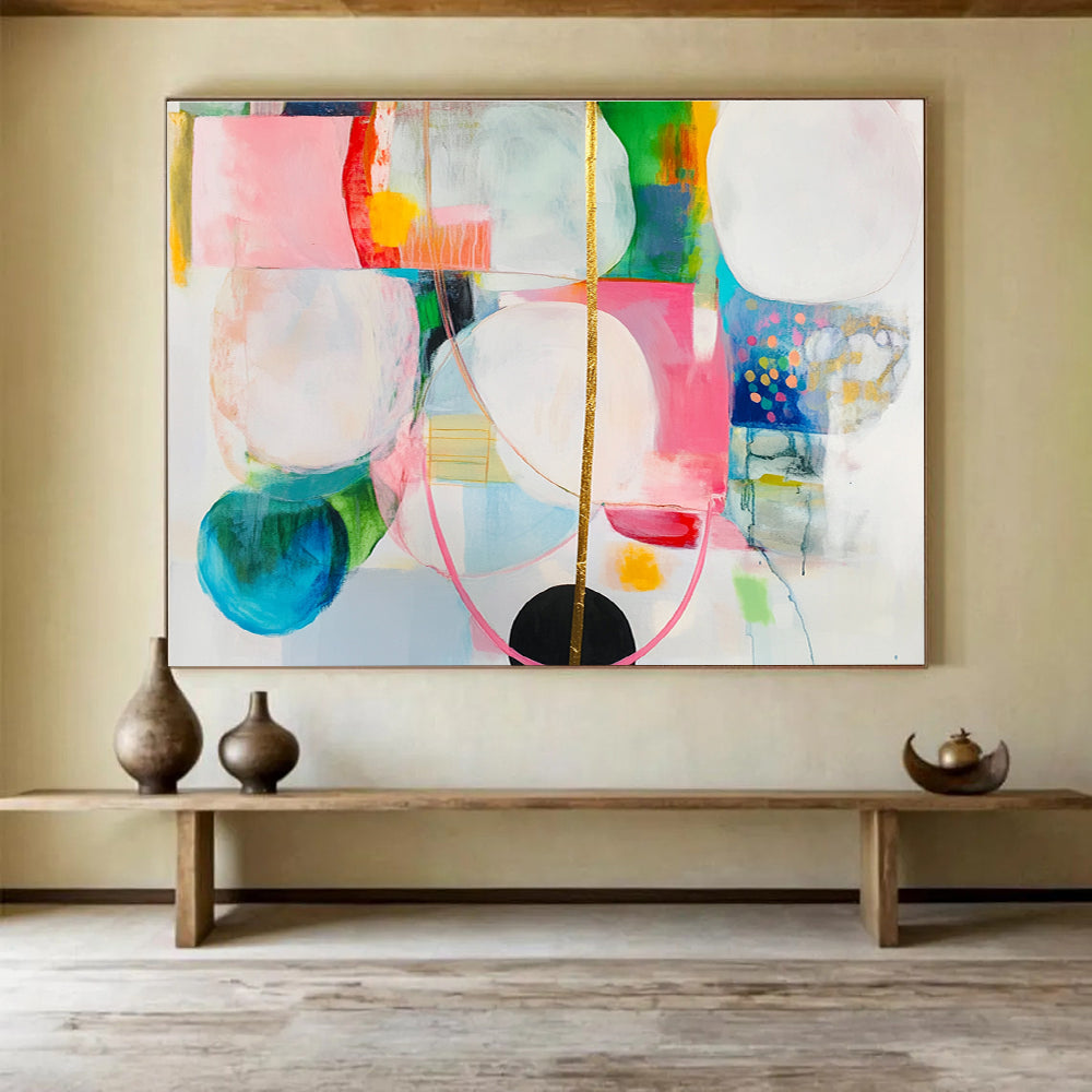 Large abstract painting with colorful shapes, gold lines, and a hanging golden string, featuring a black circle on a white background.SC375