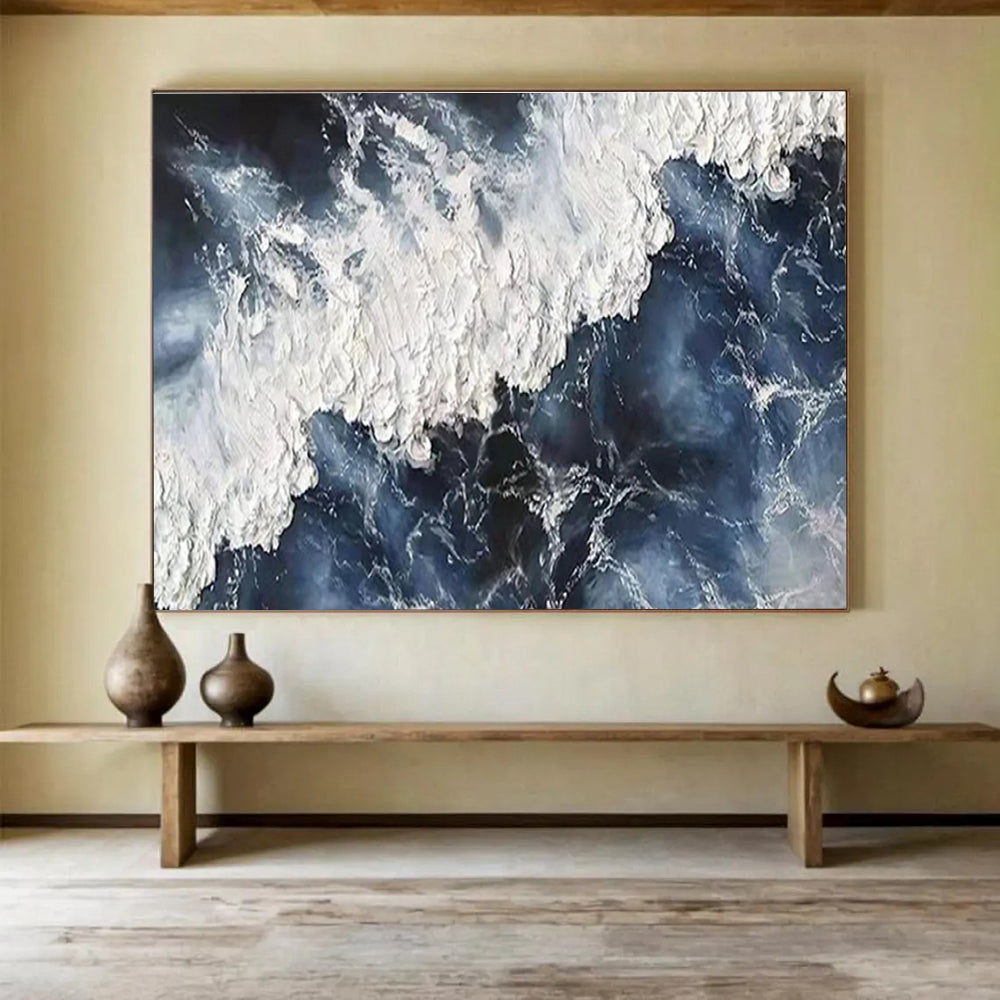 Dynamic Ocean Wave Abstract Painting with Bold Blue and White THY252