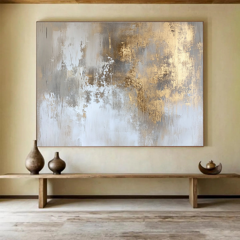 Abstract painting with faded gold and white hues featuring distressed textures and subtle gradients for elegant wall art and interior design.SC234