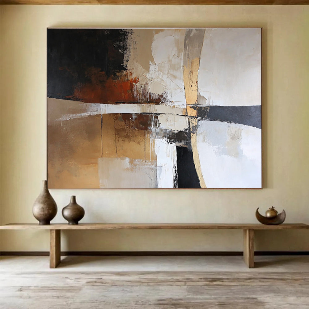A large abstract painting featuring earth tones of white brown beige and black creating a harmonious and serene atmosphere.SC328