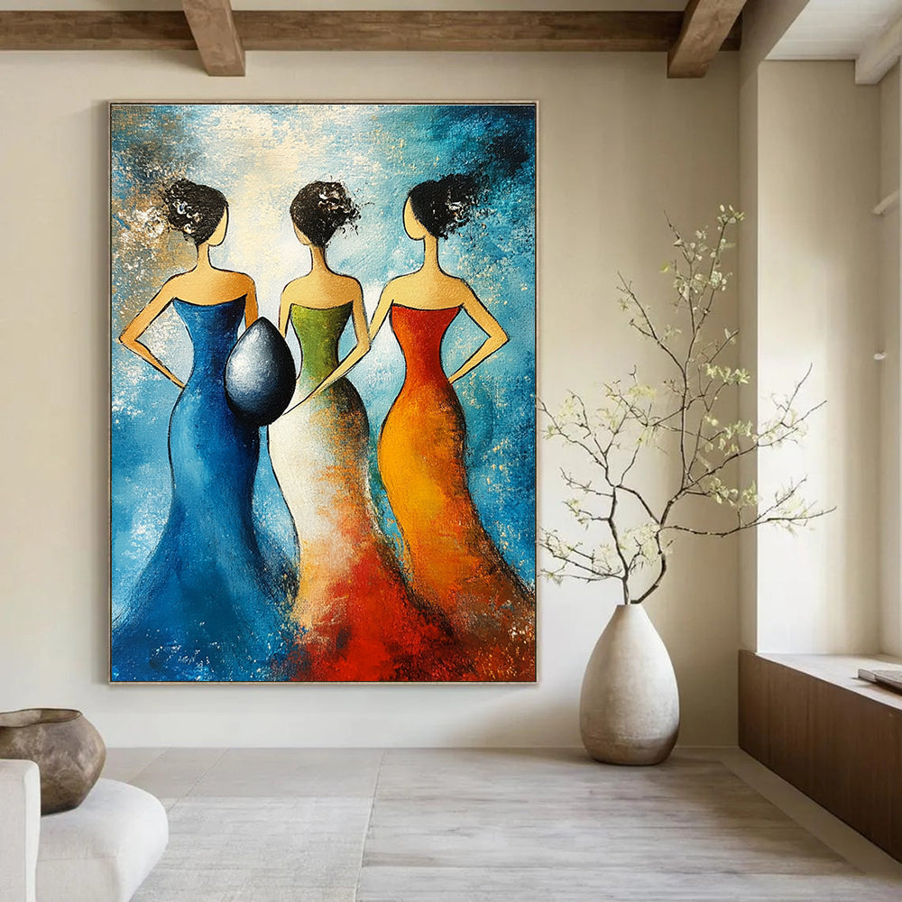 Abstract painting featuring three women in evening dresses holding a giant egg against a blue background with simple lines and minimal colors.STSC1444