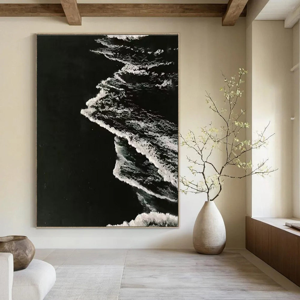 Black and White Textured Wave Abstract Painting ADGE349