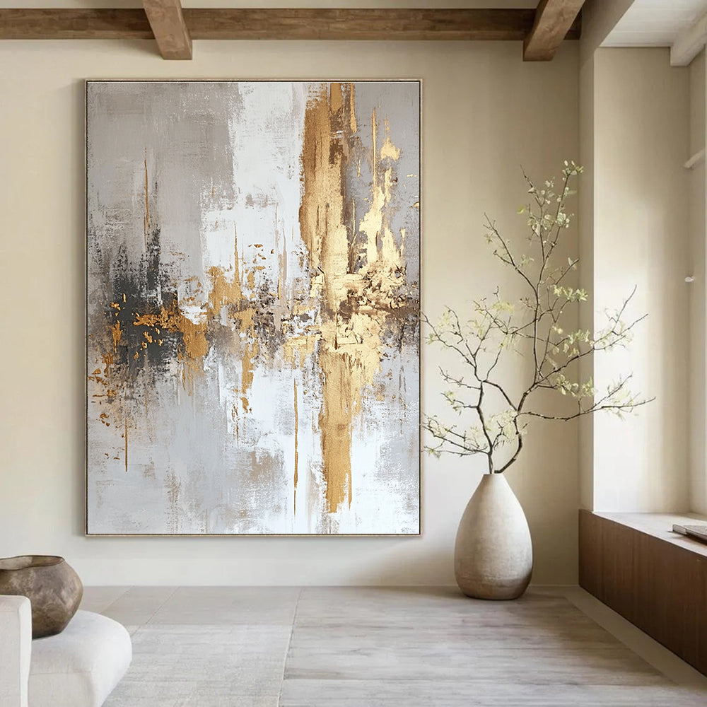 Large abstract painting featuring white and gold textures with light gray background and elegant gold foil accents.STSC508
