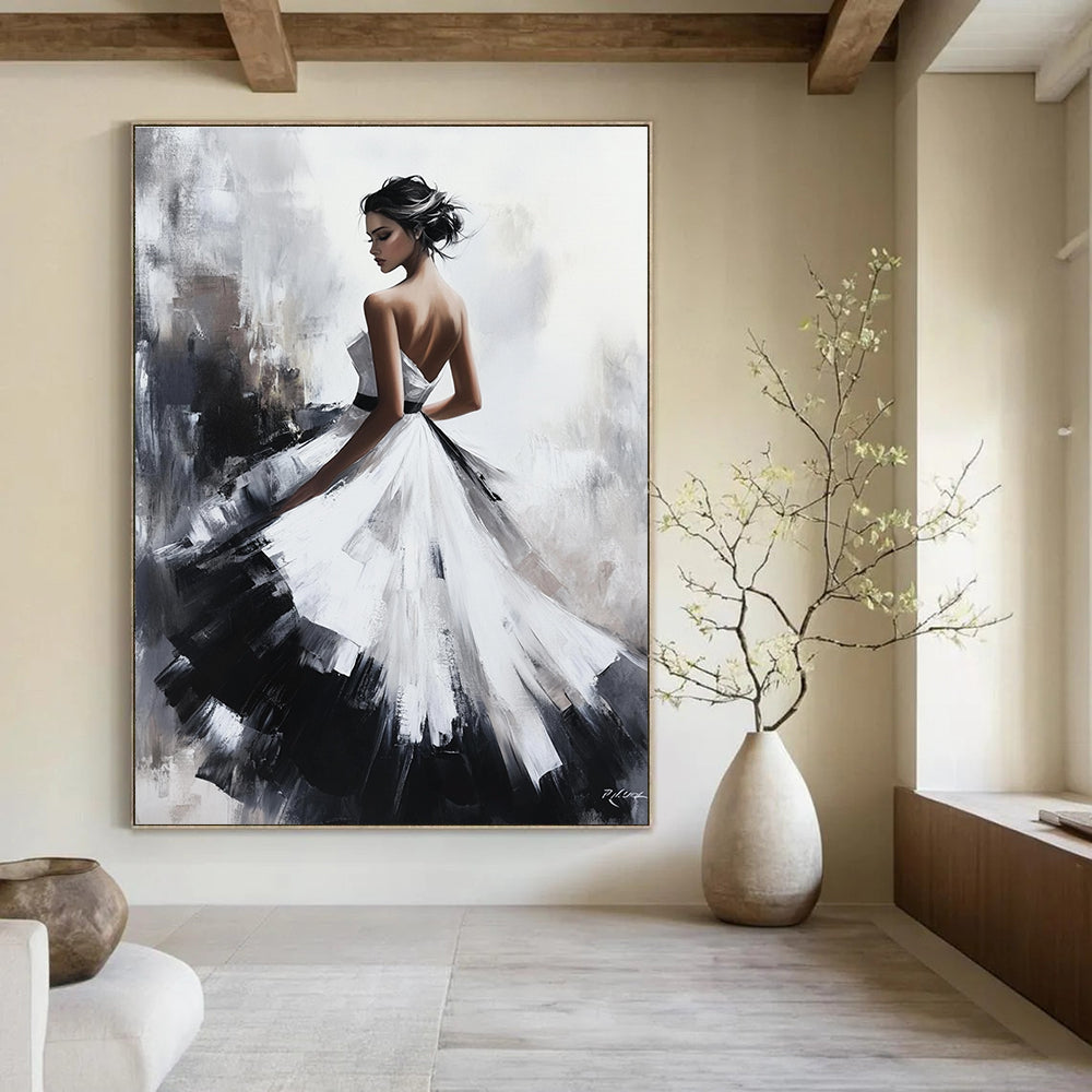 Large abstract oil painting of a beautiful woman in a white dress with a black skirt featuring exquisite details and soft lighting on a textured canvas.STSC1363