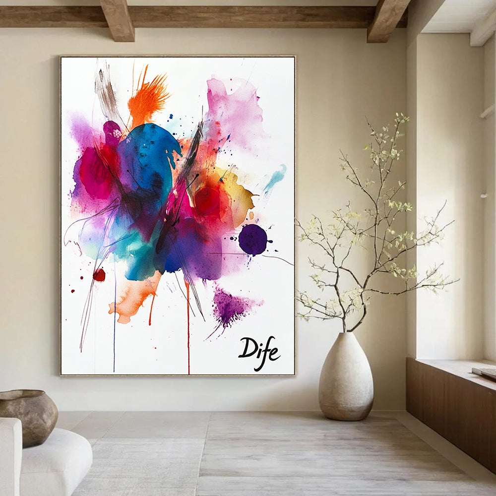 Large abstract watercolor with vibrant colors and expressive strokes featuring joyful organic shapes and textures radiating positivity and creativity.STSC1047