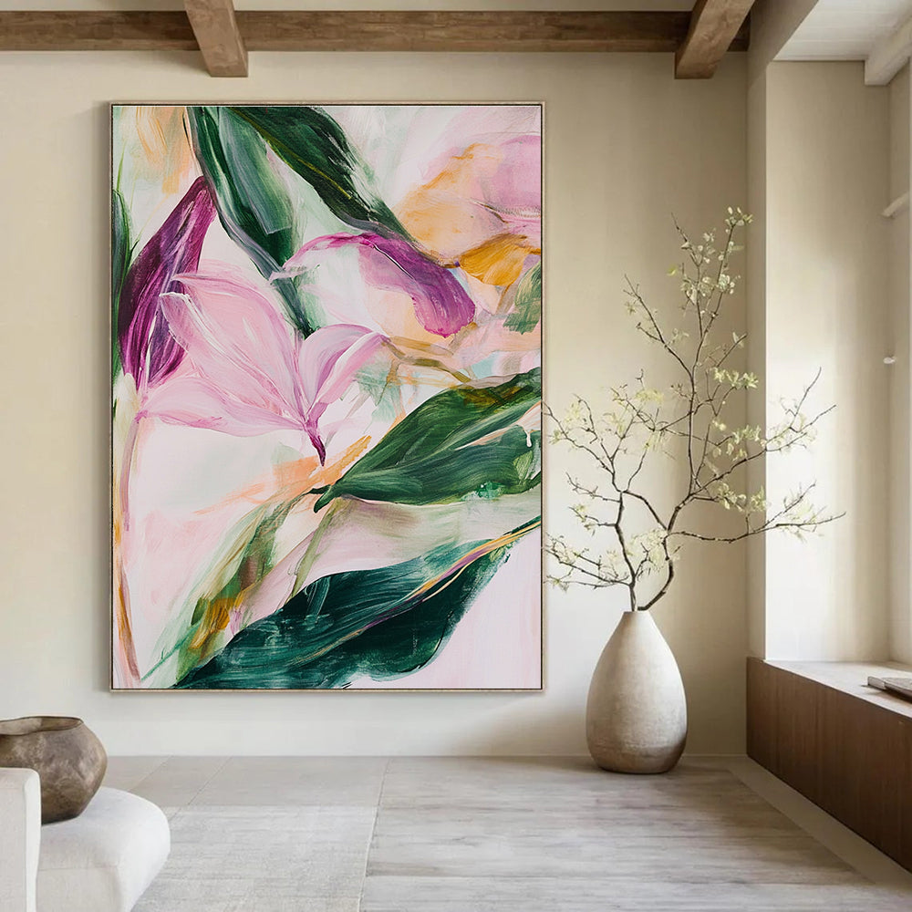 Large abstract painting featuring soft pink and green leaves and flowers with thick brush strokes and a loose style.STSC315