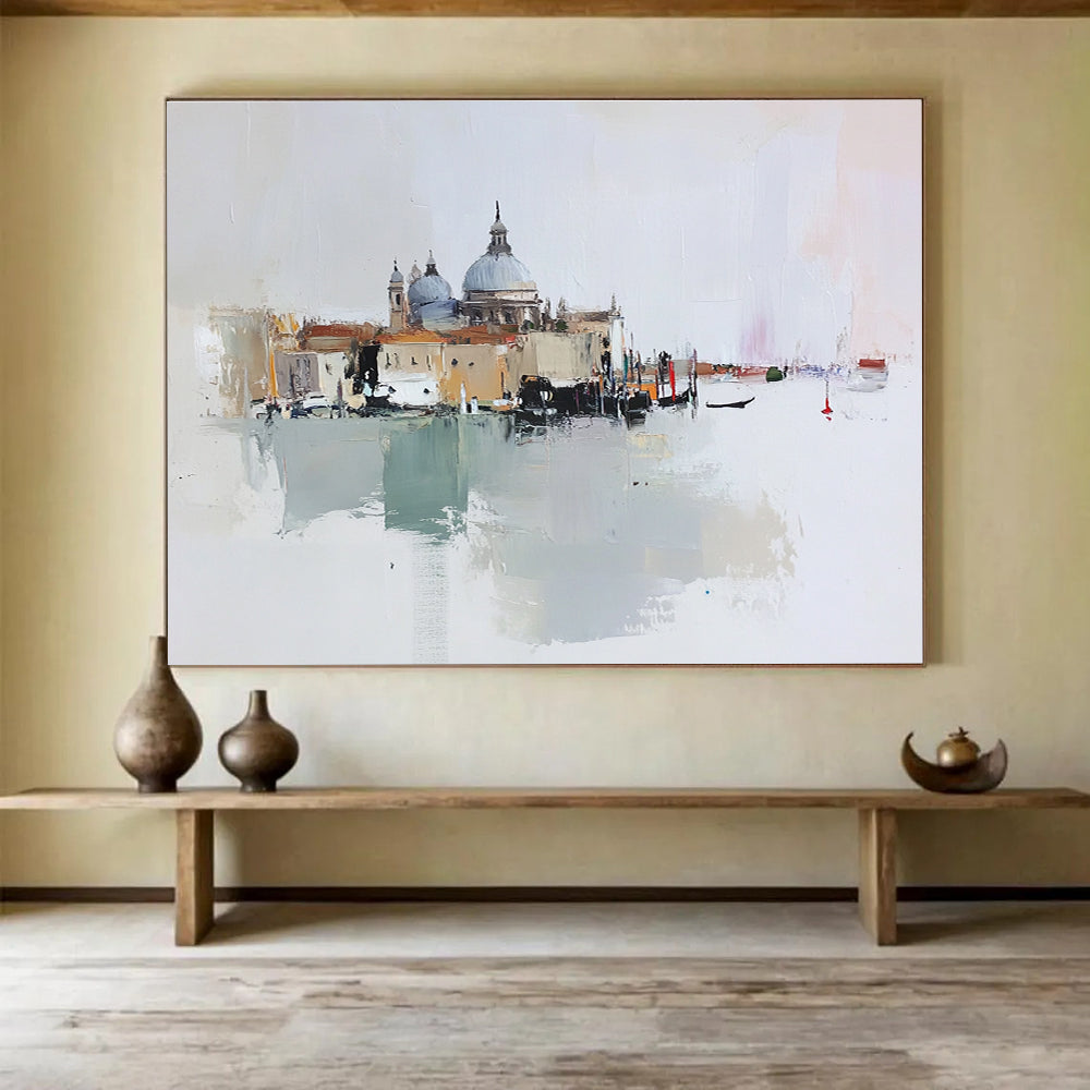 Large abstract oil painting of Venice featuring beige buildings and a small red dome against a light gray and pale pink background.SC126