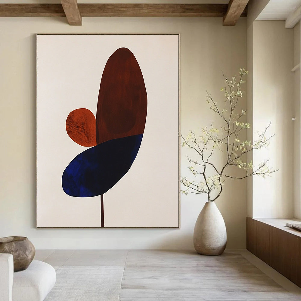 Large abstract painting featuring simple brown and blue petals on a white background perfect for modern decor.STSC1059