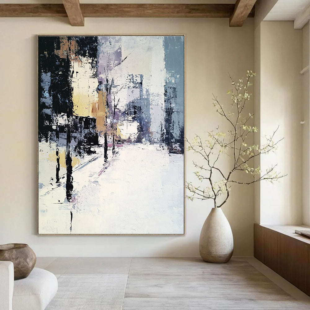 Large Abstract Oil Painting of a Winter Cityscape in Muted Whites and Greys with Beige and Black Accents, Perfect for Modern Decor.STSC159