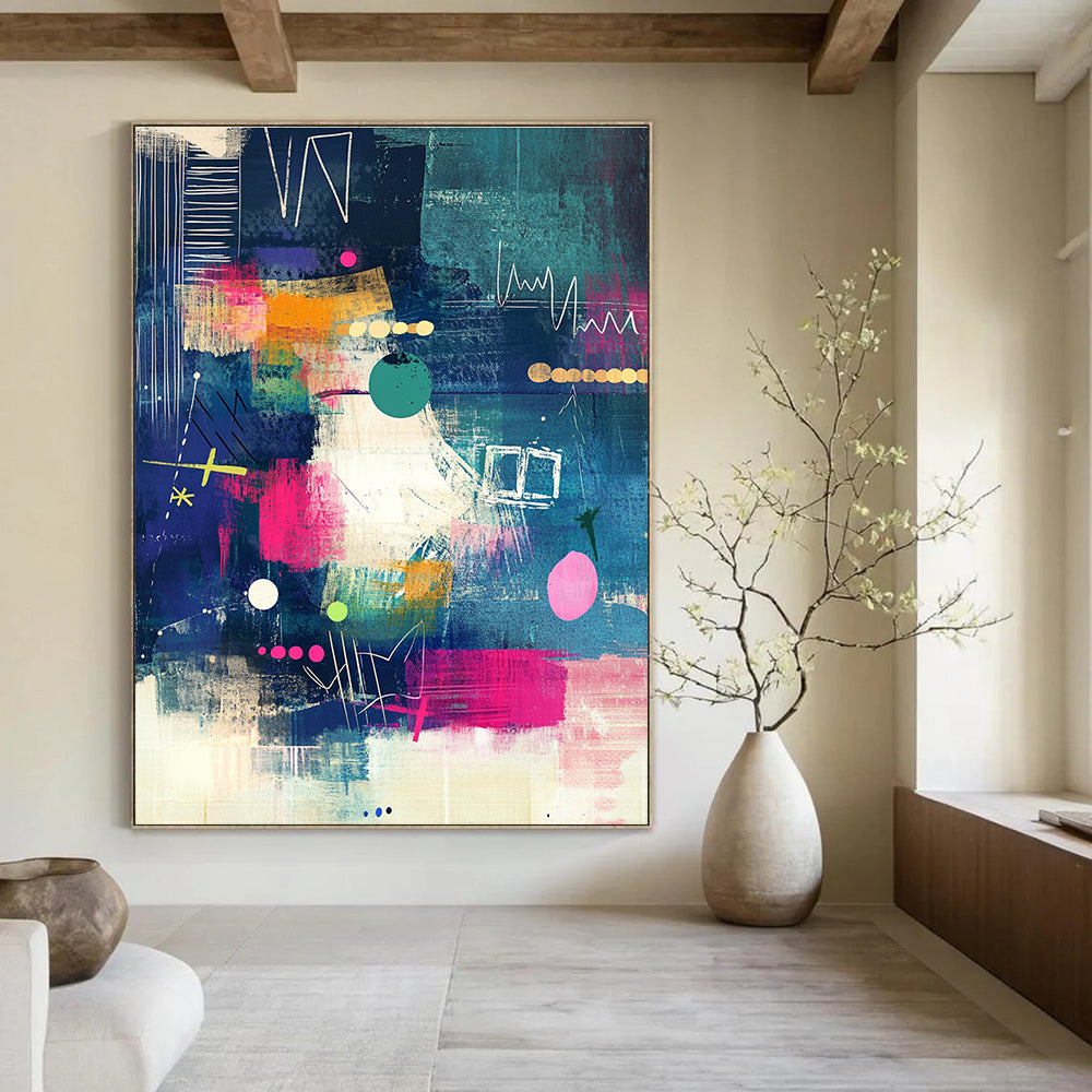 Abstract Art Featuring Playful Patterns and Textures in Blue Pink Green Yellow and Black Ideal for Modern Stationery and Wall Art.STSC966
