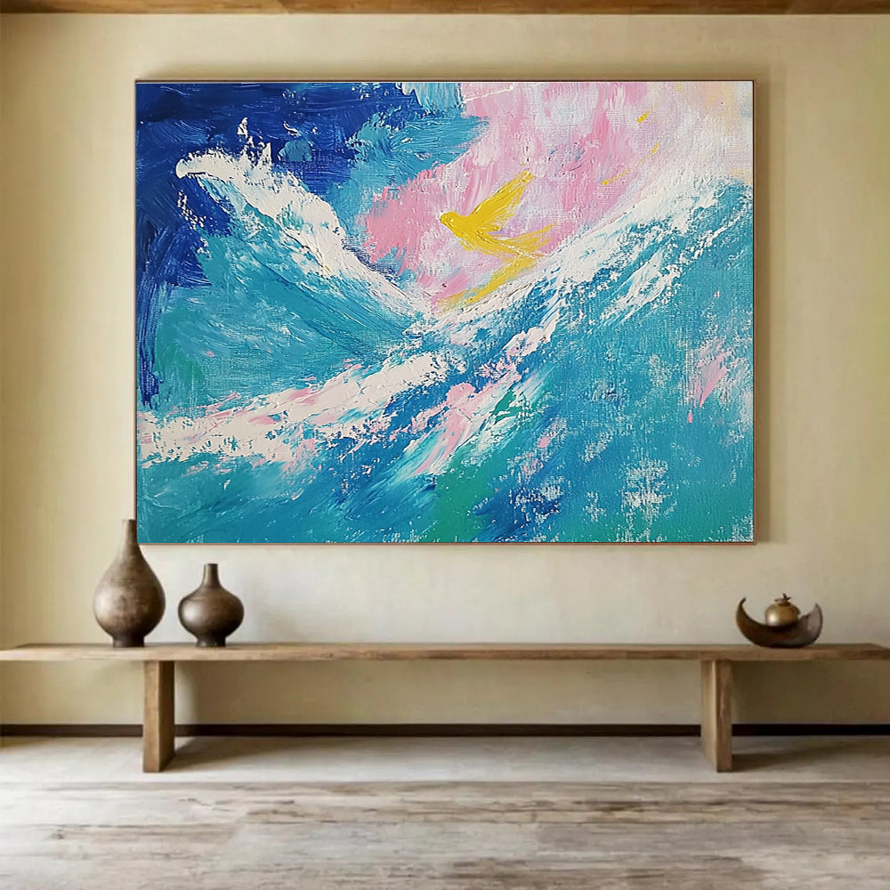 Sea and Bird Abstract Painting with Blue and Yellow Tones DYP522