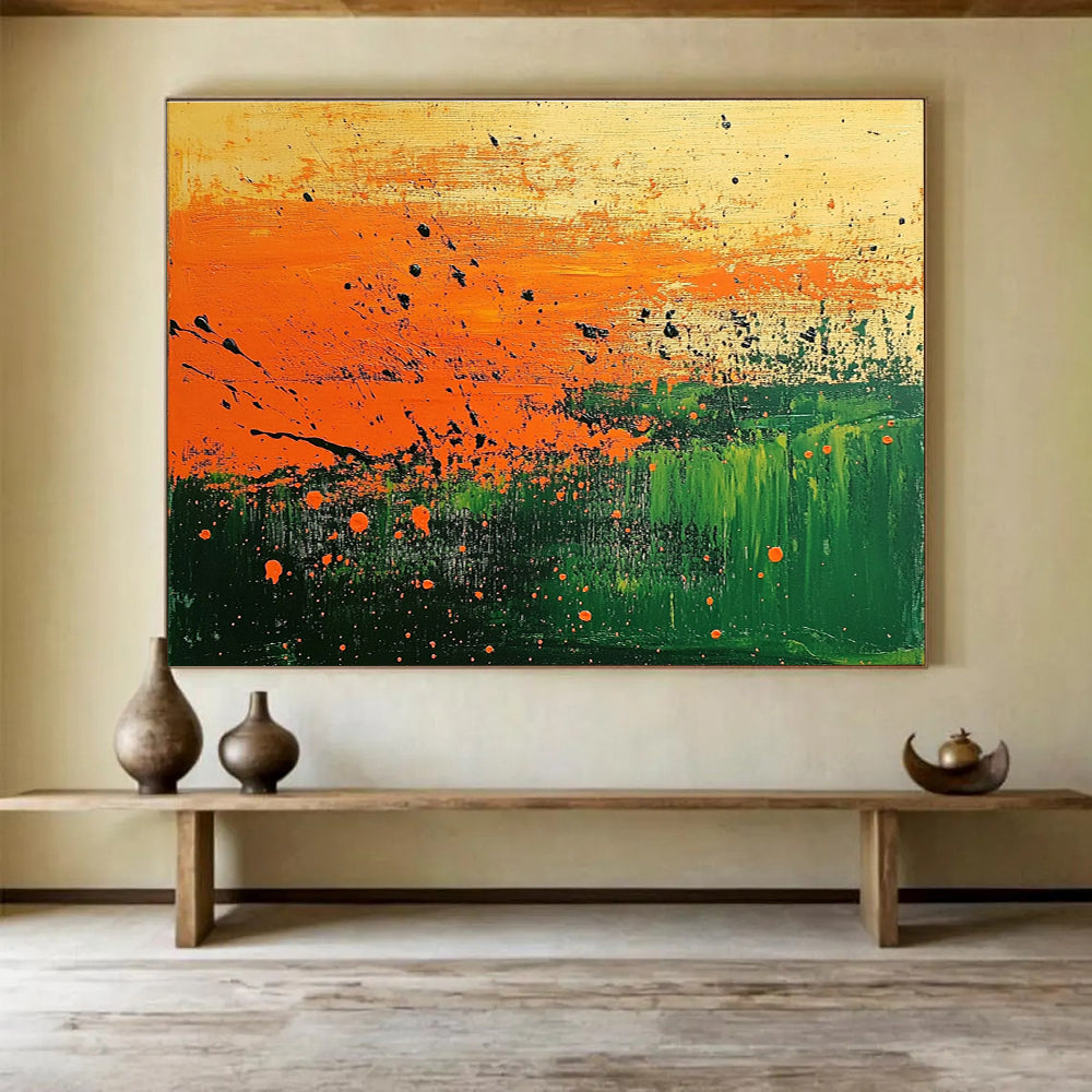 Orange and Green Splatter Abstract Painting with Dynamic Textures DYP250