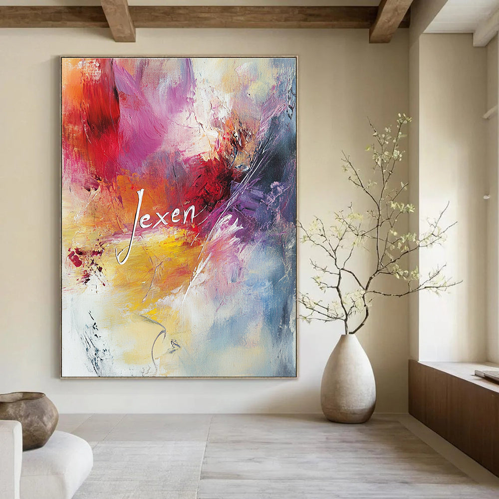 Large abstract painting with pastel colors featuring the word Jexen in elegant script surrounded by swirling patterns evoking tranquility and creativity.STSC802