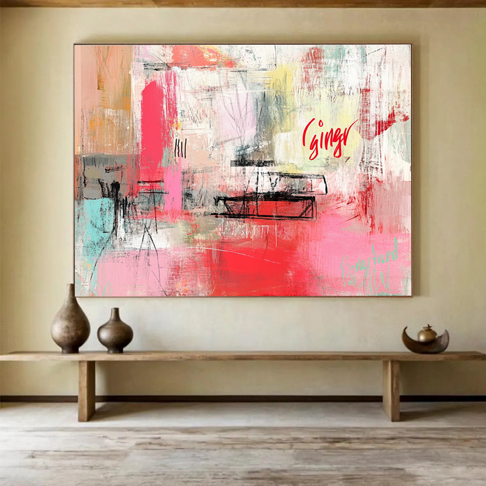 Large abstract painting featuring a dynamic pink and red color palette, organic shapes, blurred imagery, and bold text reading ginger in cursive script.SC275