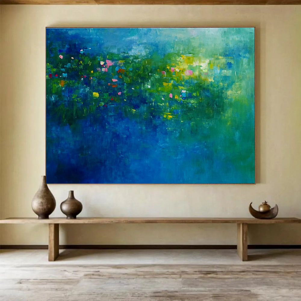 An abstract painting of an underwater garden with vibrant blues and greens featuring aquatic plants and small fish creates serene nature's dance.SC339