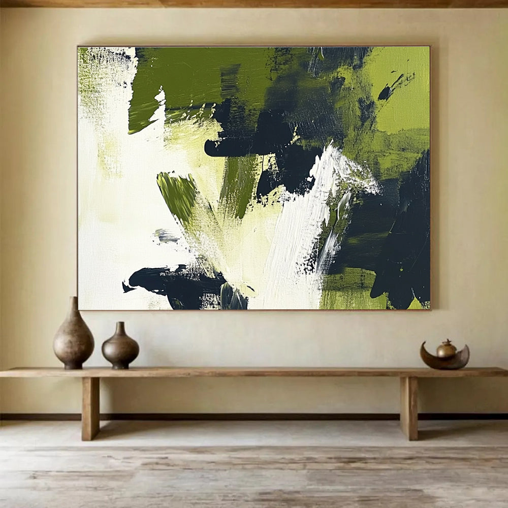 Large abstract painting featuring olive green and black brush strokes on white background, embracing minimalism and the essence of nature.SC248