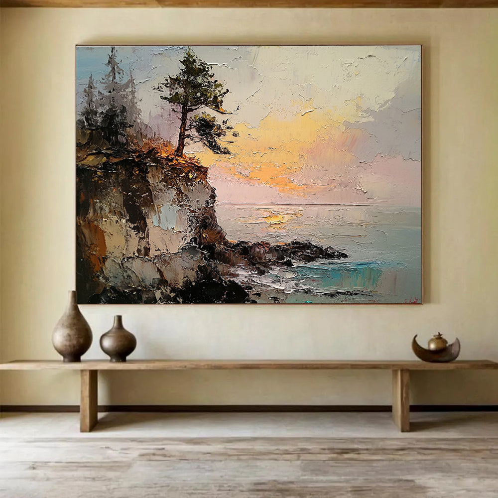 Cliffside Tree at Sunset Impasto Abstract Painting with Vivid Oranges DYP593