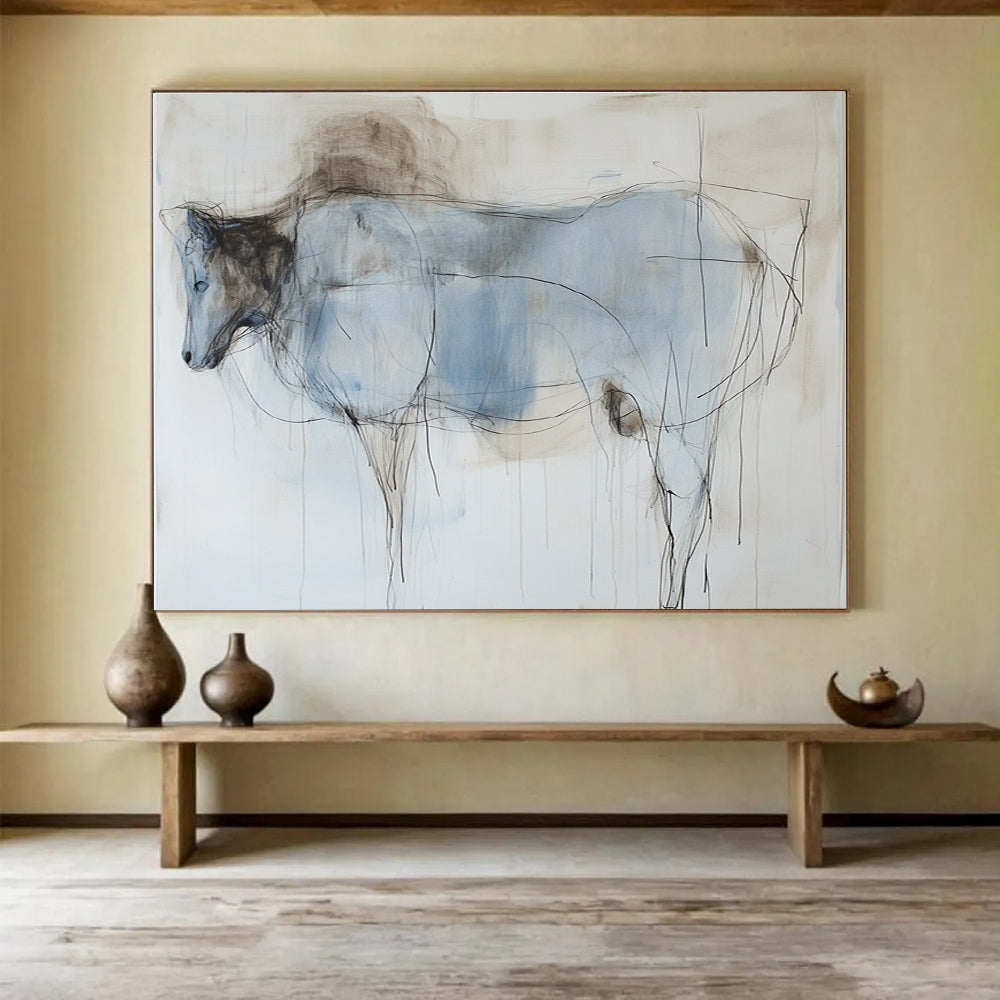 Large abstract painting of an animal's body featuring thin lines and washes in subtle pastel colors of light blue and dark brown on a white background.SC153