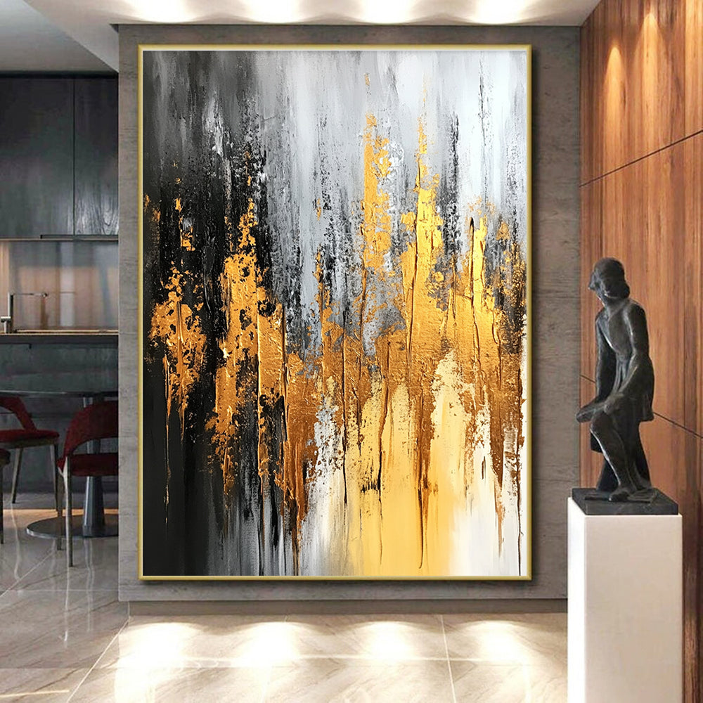 Gold Gray and Black Abstract Painting with Dripping Effects GER696