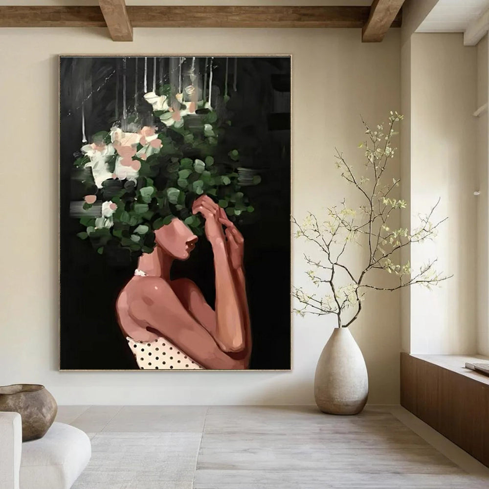 Floral Head Woman Abstract Painting with Green and White Flowers ADGE323