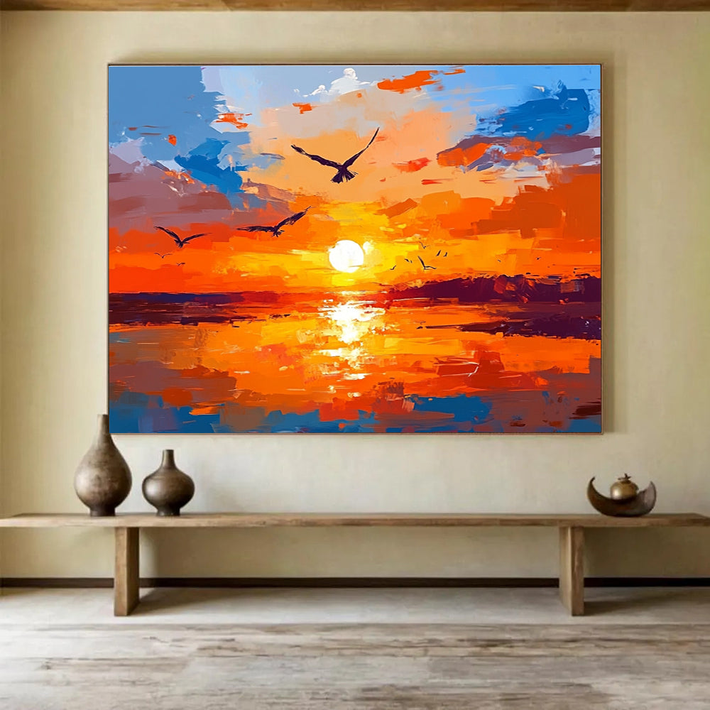 Vibrant Sunset with Birds Abstract Painting in Orange and Blue DYP443