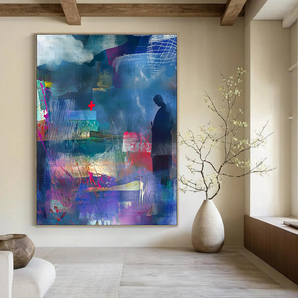 Large abstract collage with watercolor splashes and textured paper featuring a shadowy figure a red cross and vibrant ribbons in rich colors.STSC574