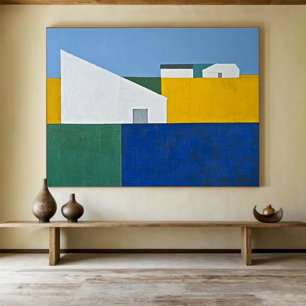 An abstract painting featuring a blue sky yellow grass green trees and a white house amidst geometric forms in minimalist style.SC511