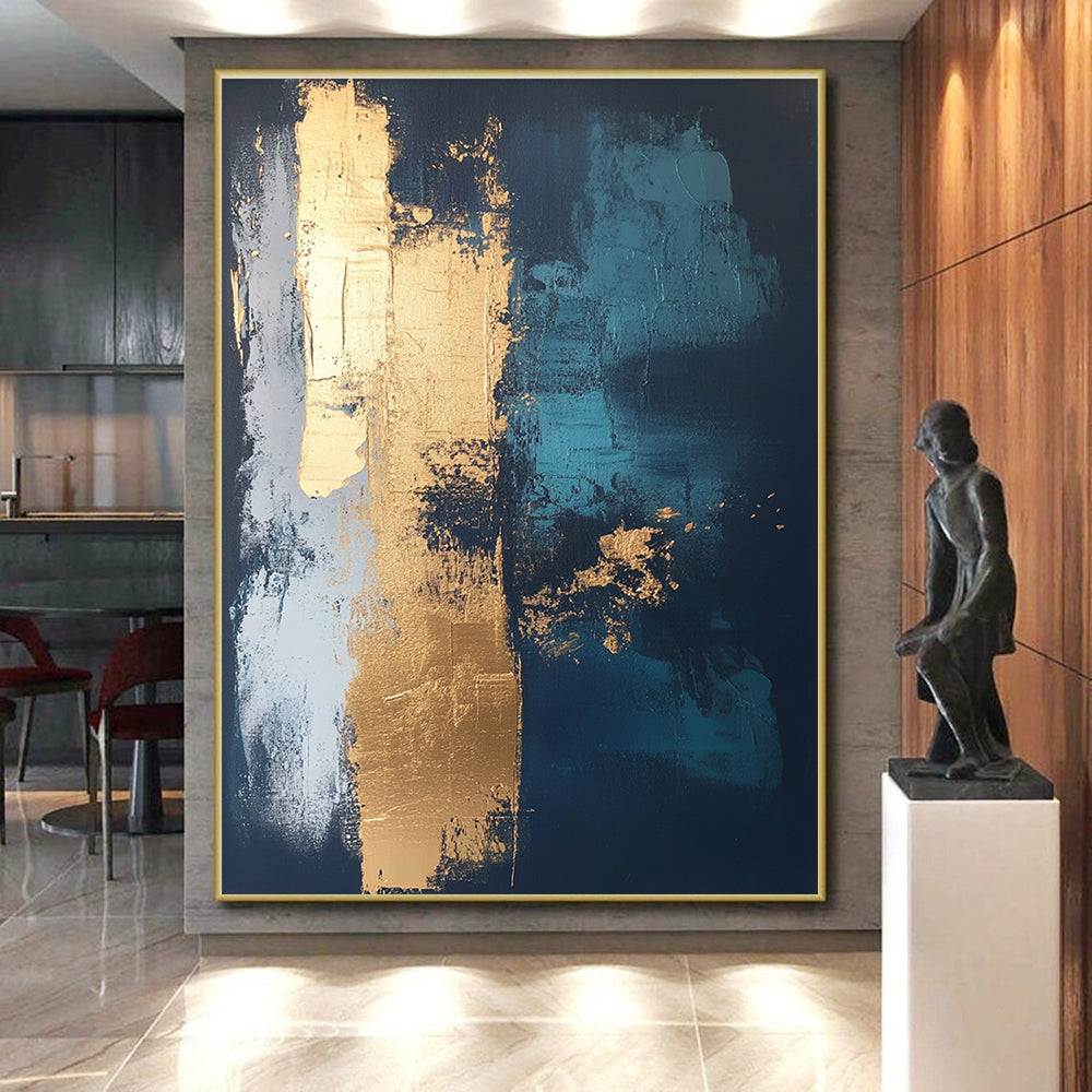 Dark Blue and Gold Abstract Painting with Bold Textures GER372
