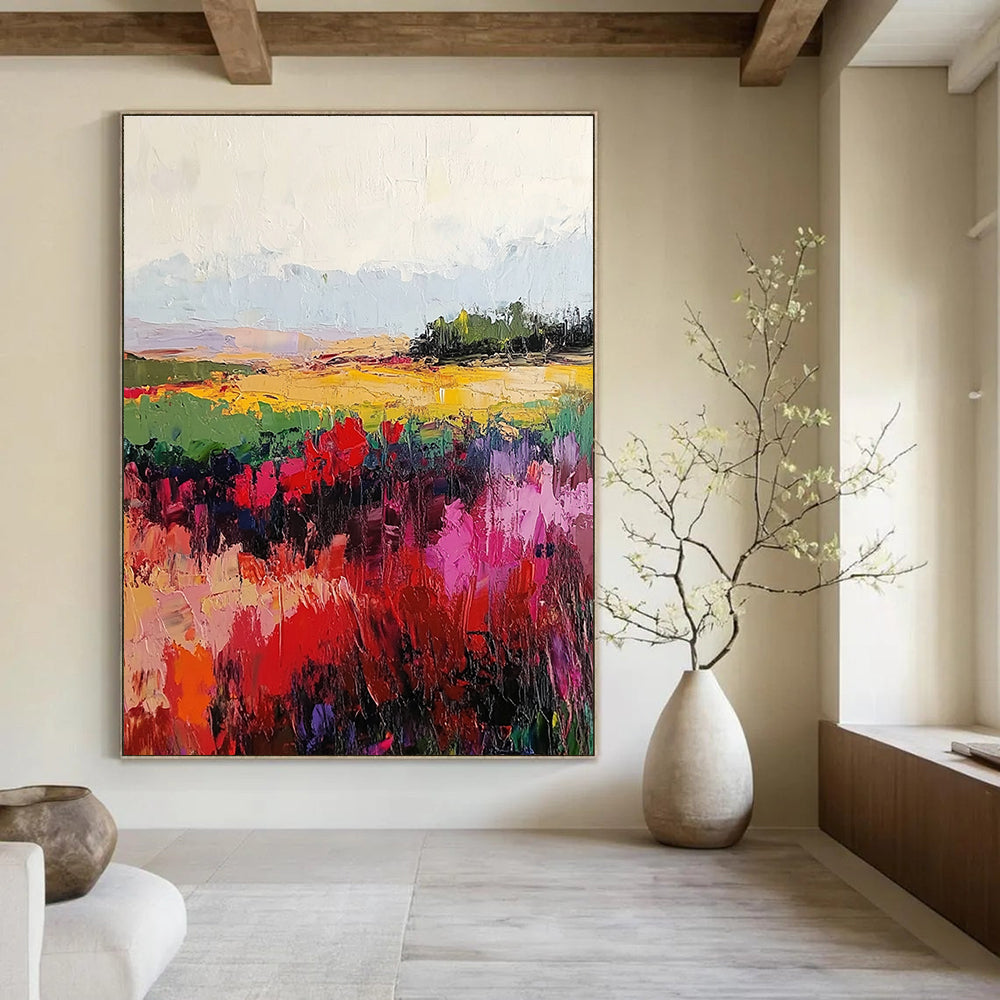Large abstract painting with vibrant reds and greens, textured canvas and soft blurred edges, created using palette knife and broad brush strokes.STSC113