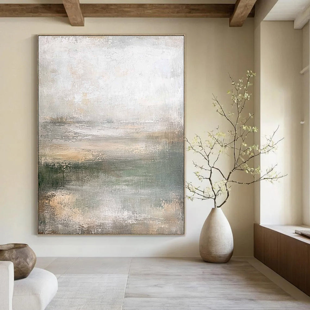 Large abstract painting in muted greens soft grays and beiges featuring a textured canvas and soft edges in neutral tones.STSC219